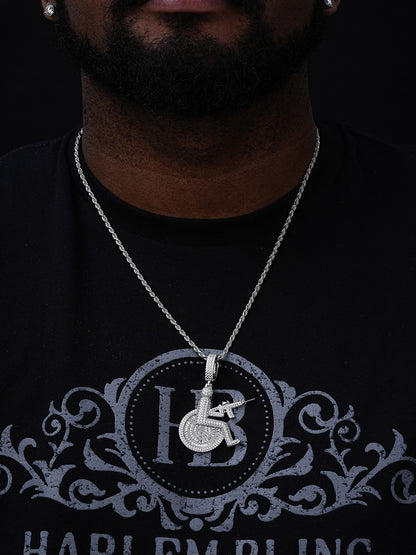 MOISSANITE Crippled Man In Wheelchair & AK47 Gun Pendant - 14k Gold Vermeil Or 925 Silver - Medium 2.25"