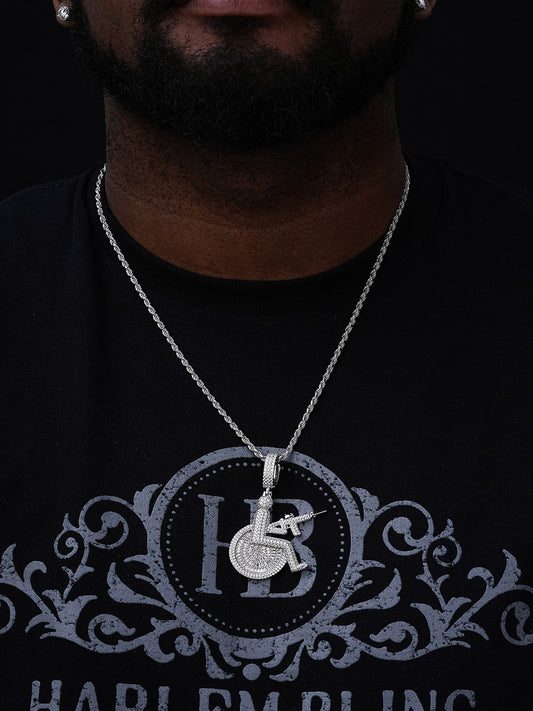 MOISSANITE Crippled Man In Wheelchair & AK47 Gun Pendant - 14k Gold Vermeil Or 925 Silver - Medium 2.25"