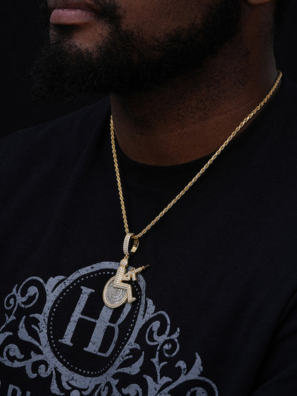 MOISSANITE Crippled Man In Wheelchair & AK47 Gun Pendant - 14k Gold Vermeil Or 925 Silver - Medium 2.25"