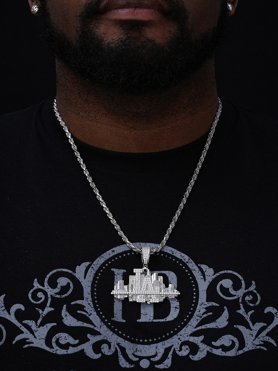 Los Angeles Skyline Pendant - 14k Gold Vermeil Or 925 Silver - CZ Stones - Large 2.5"