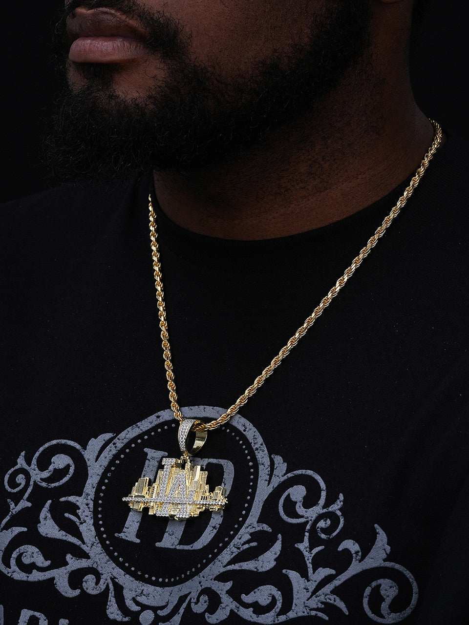 Los Angeles Skyline Pendant - 14k Gold Vermeil Or 925 Silver - CZ Stones - Large 2.5"