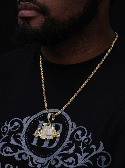 Los Angeles Skyline Pendant - 14k Gold Vermeil Or 925 Silver - CZ Stones - Large 2.5"