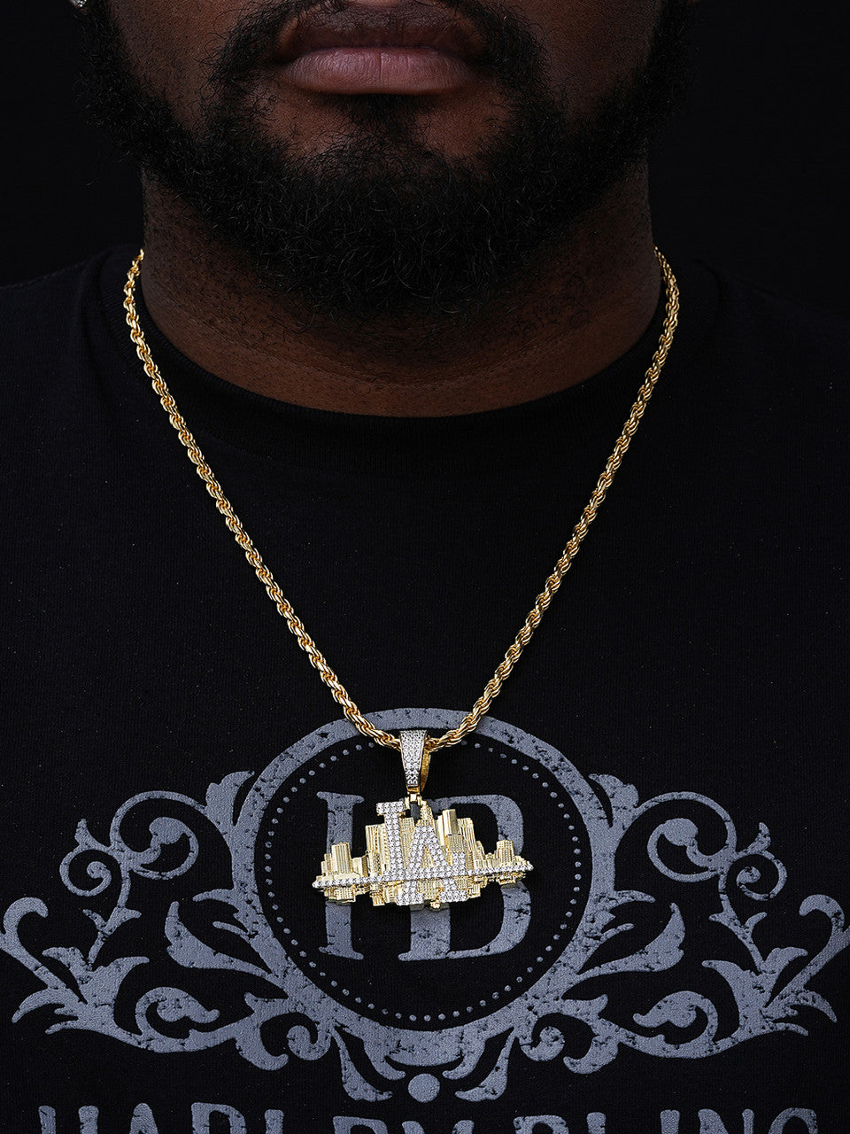 Los Angeles Skyline Pendant - 14k Gold Vermeil Or 925 Silver - CZ Stones - Large 2.5"