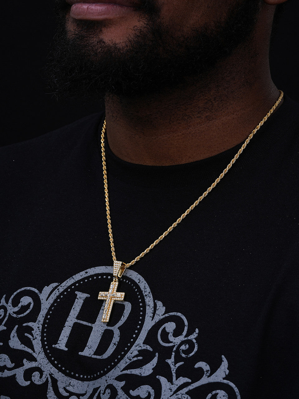 Baguette Tennis Iced Out Cross Pendant - 14k Gold Vermeil Or 925 Silver - CZ Stones - Medium 2"