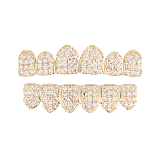 MOISSANITE 6 Teeth Top, Bottom, Or Set Iced Out Grillz - 14k Gold Vermeil 925 Silver