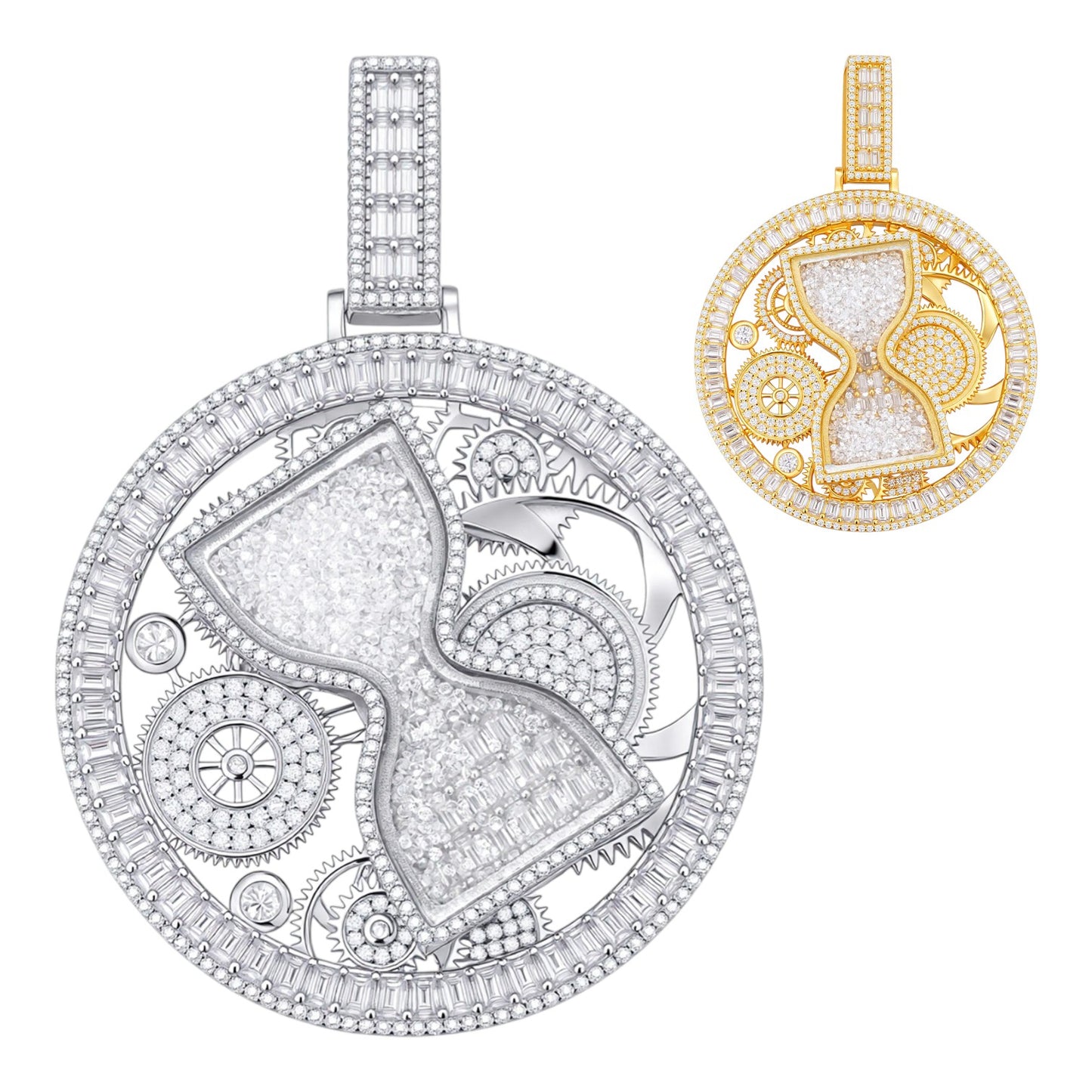LIMITED EDITION - MOISSANITE Spinning "Time Is Money" Sand Clock Iced Out Pendant - 14k Gold Vermeil Or 925 Silver - Large 2.75"