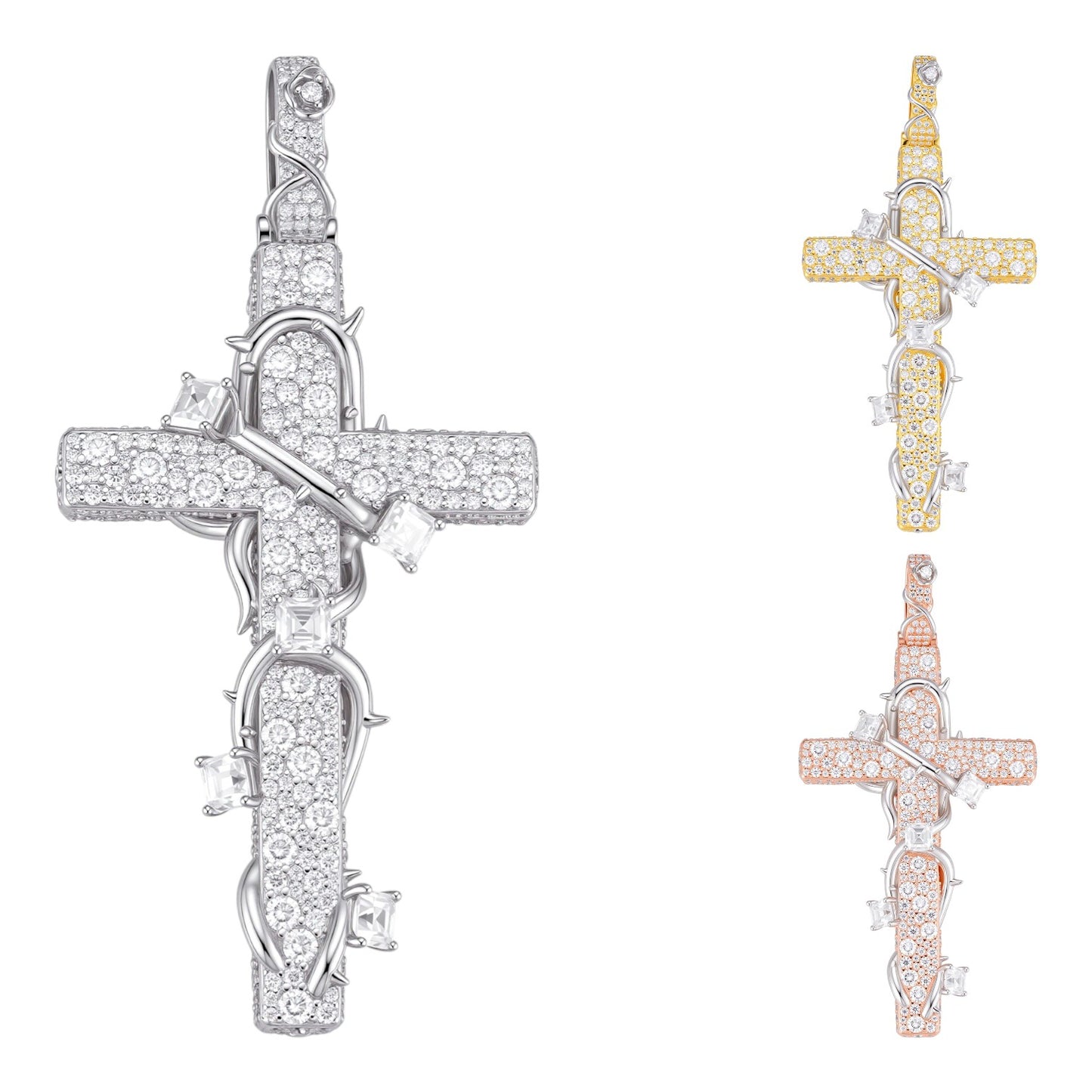 MOISSANITE Mosaic Setting Iced Cross W. Thorns Pendant - 14k Yellow/Rose Gold Vermeil Or 925 Silver - Large 2.75"