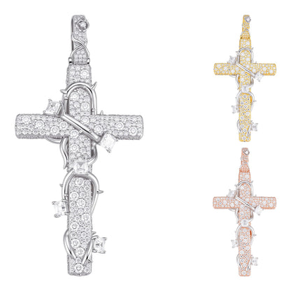 MOISSANITE Mosaic Setting Iced Cross W. Thorns Pendant - 14k Yellow/Rose Gold Vermeil Or 925 Silver - Large 2.75"