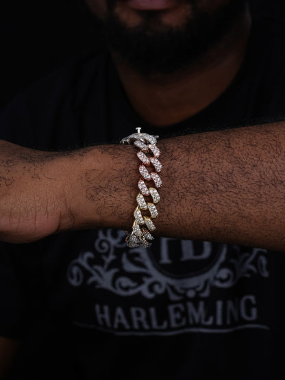 Classic Miami Cuban Link Bracelet Iced Out CZ Stones - Tricolor 14k Yellow & Rose Gold Vermeil & 925 Silver - 15mm - 8.5"