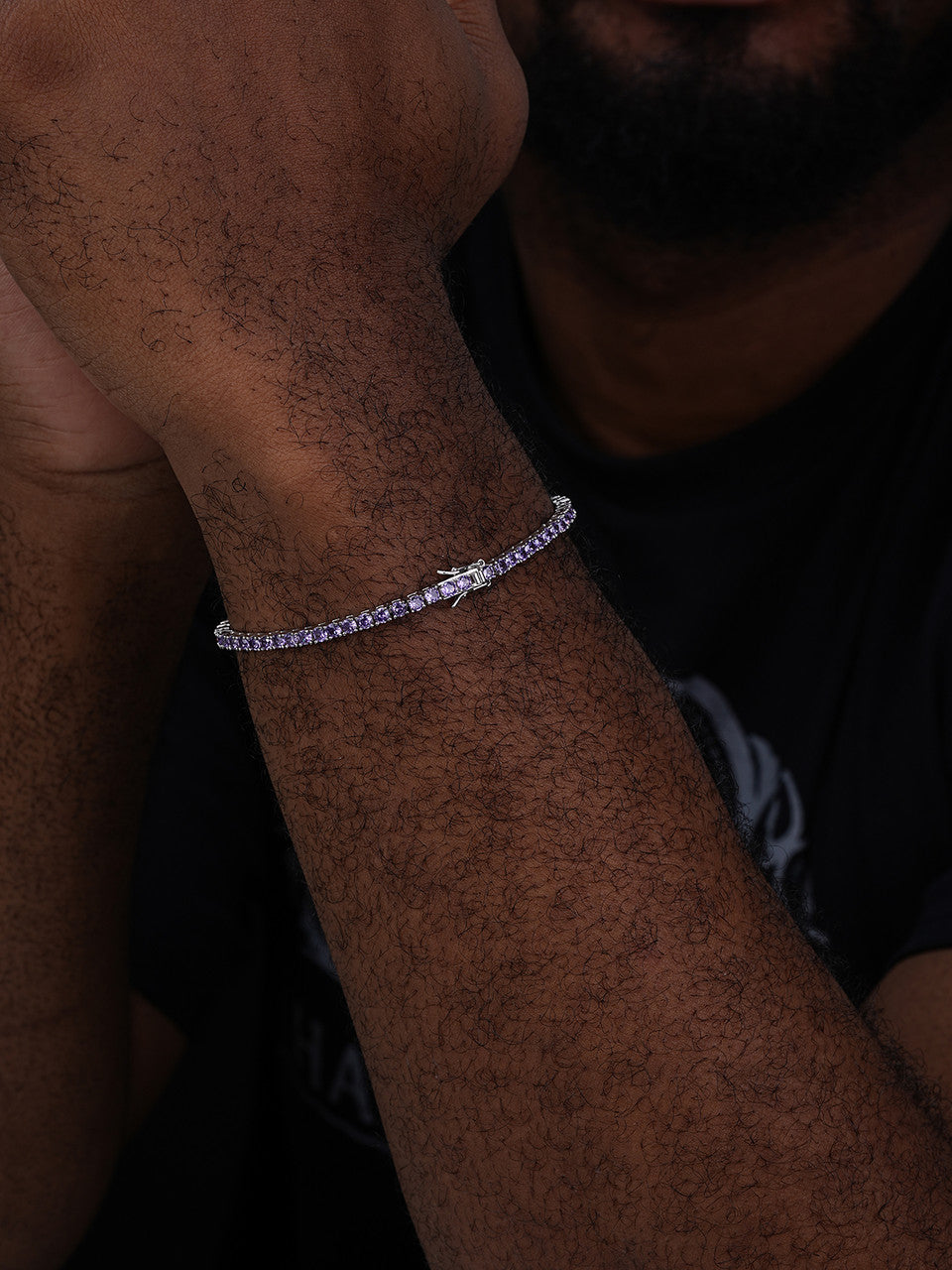 3mm Purple CZ Tennis Bracelet Real Iced 925 Sterling Silver Mens