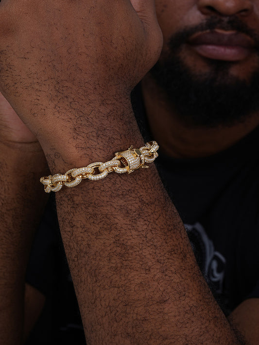 Rolo Hermes Link Bracelet Iced Out CZ Stones - 14k Gold Vermeil 925 Silver - 12.5mm - 8.5"