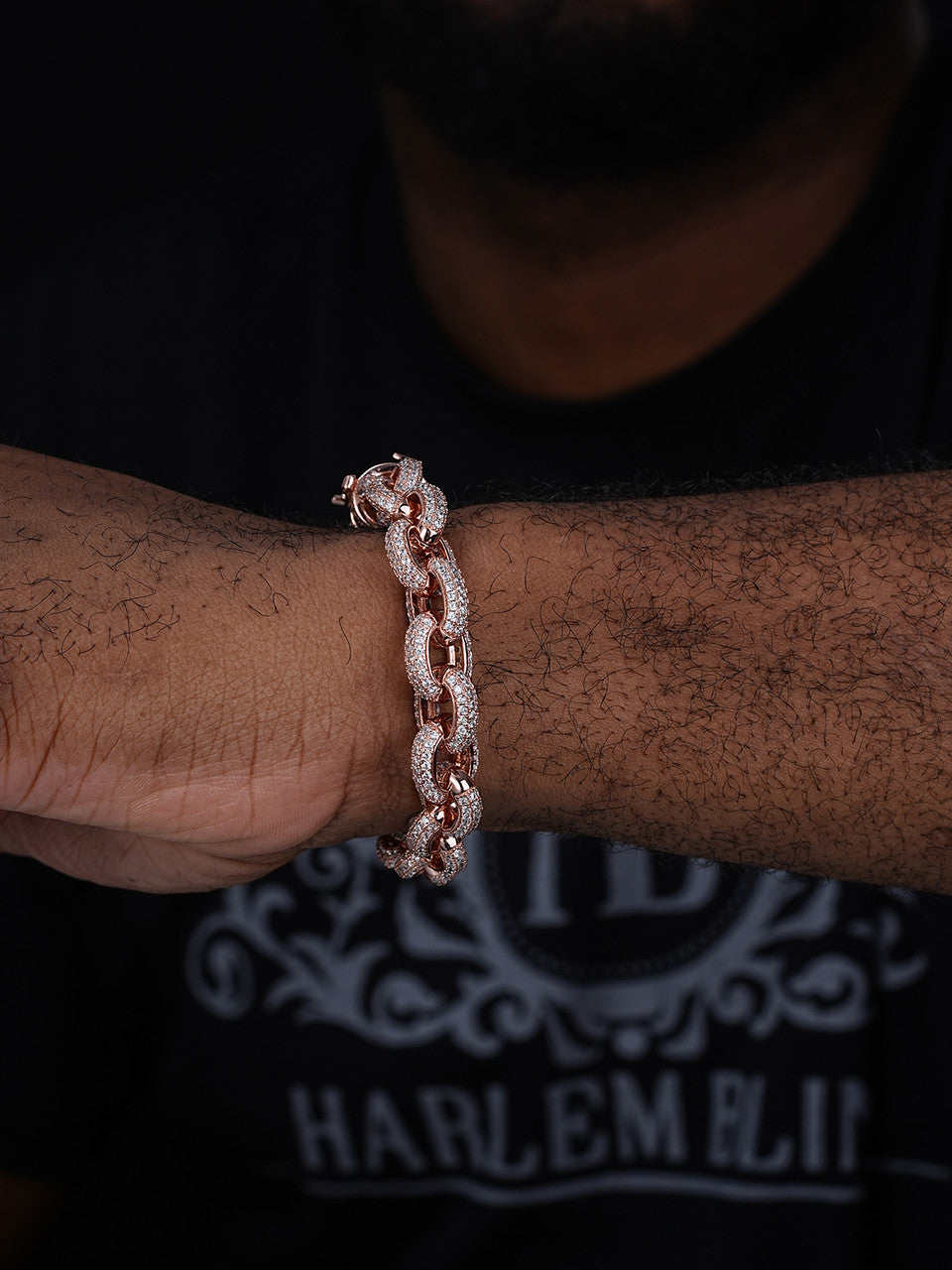 Rolo Hermes Link Bracelet Iced Out CZ Stones - 14k Rose Gold Vermeil 925 Silver - 12.5mm - 8.5"