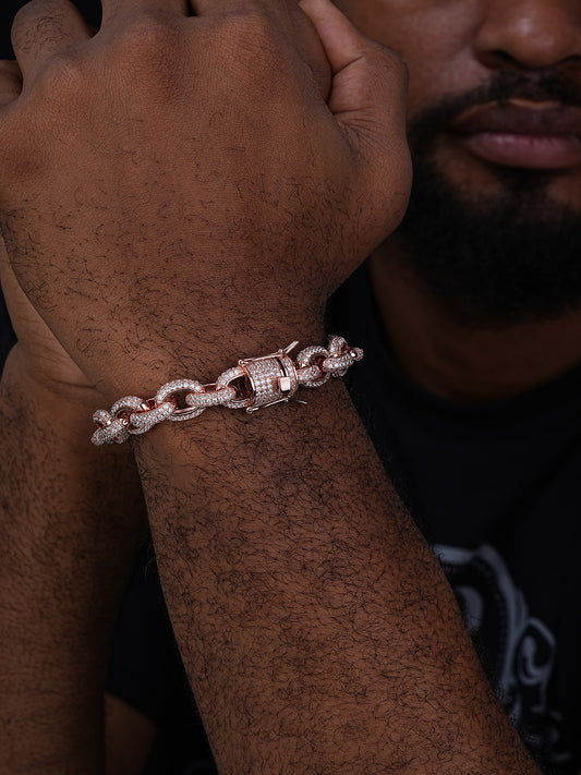 Rolo Hermes Link Bracelet Iced Out CZ Stones - 14k Rose Gold Vermeil 925 Silver - 12.5mm - 8.5"