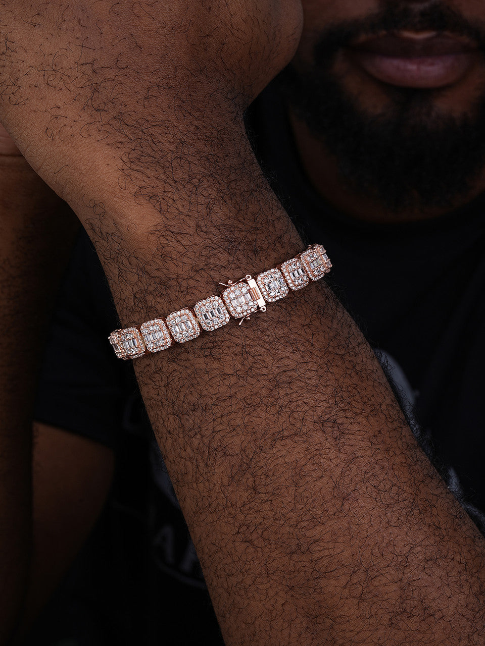 Square Big Boy Link Chain Bracelet Iced Out CZ Stones - 14k Rose Gold Vermeil 925 Silver - 11mm - 8.5"