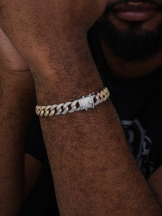 Flat Miami Cuban Link Bracelet Iced Out CZ Stones - Tricolor 14k Yellow & Rose Gold Vermeil & 925 Silver - 12mm - 7"-9"