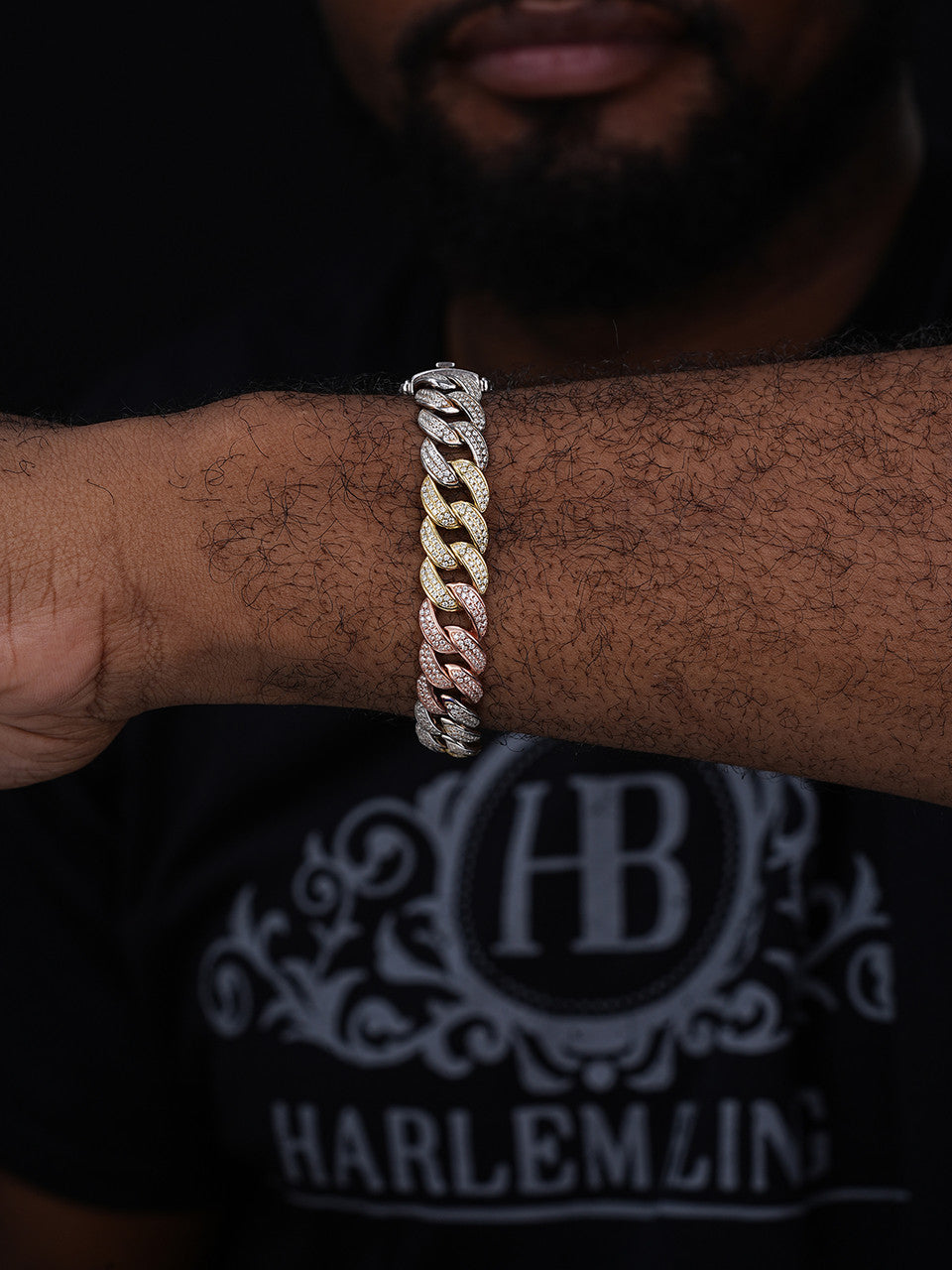 Flat Miami Cuban Link Bracelet Iced Out CZ Stones - Tricolor 14k Yellow & Rose Gold Vermeil & 925 Silver - 12mm - 7"-9"