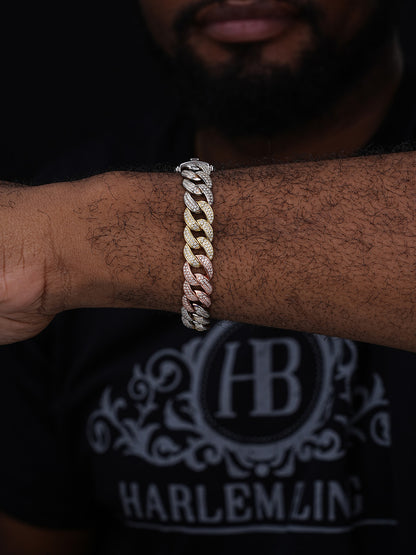 Flat Miami Cuban Link Bracelet Iced Out CZ Stones - Tricolor 14k Yellow & Rose Gold Vermeil & 925 Silver - 12mm - 7"-9"