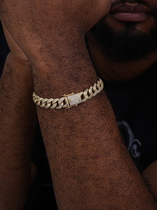 Flat Miami Cuban Link Bracelet Iced Out CZ Stones -14k Gold Vermeil & 925 Silver - 12mm - 7"-9"