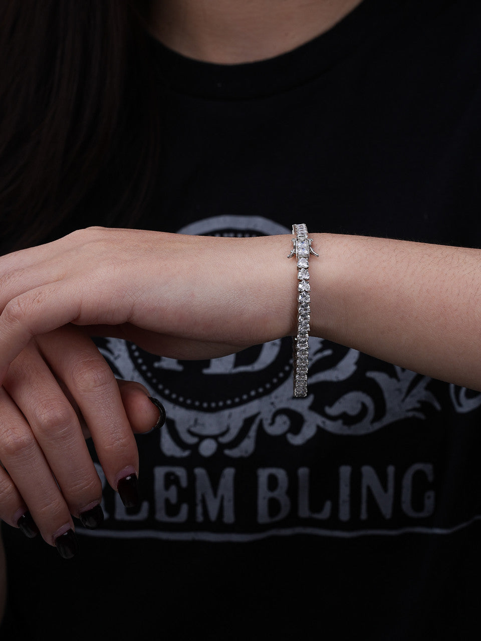 SOLID 925 Sterling Silver Tennis Bracelet ITALY Single Row Heart Shaped Diamond