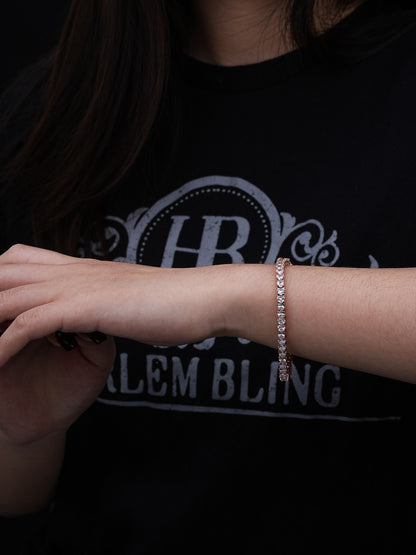 SOLID 925 Sterling Silver Tennis Bracelet ITALY Single Row Heart Shaped Diamond