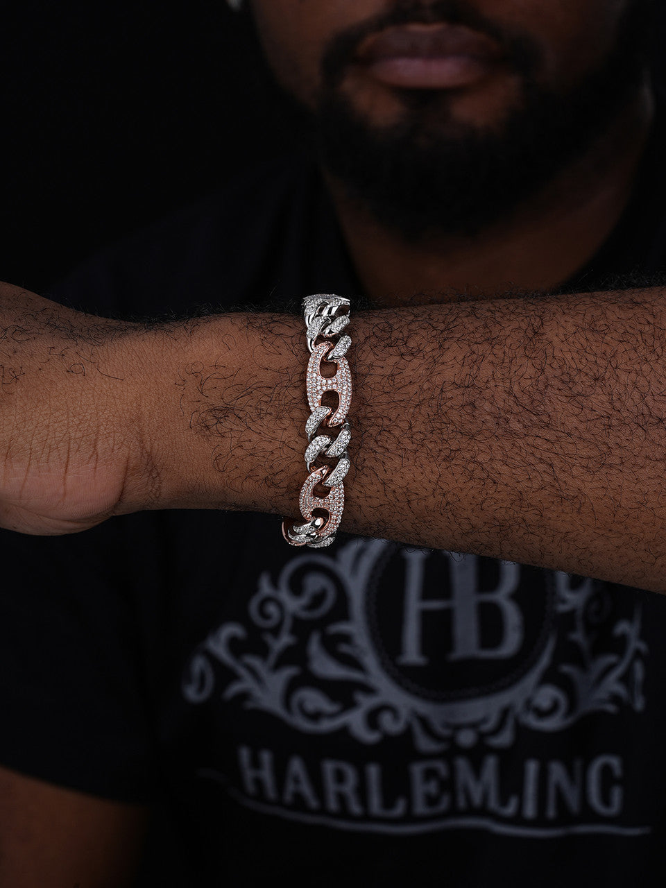 Figarucci Figaro Mariner Cross Link Bracelet Iced Out CZ Stones - 14k Rose Gold Vermeil & 925 Silver - 12mm - 8.5"