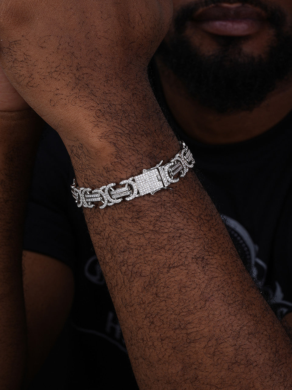 Byzantine Link Bracelet Iced Out CZ Stones - 925 Silver - 14mm - 8.5"