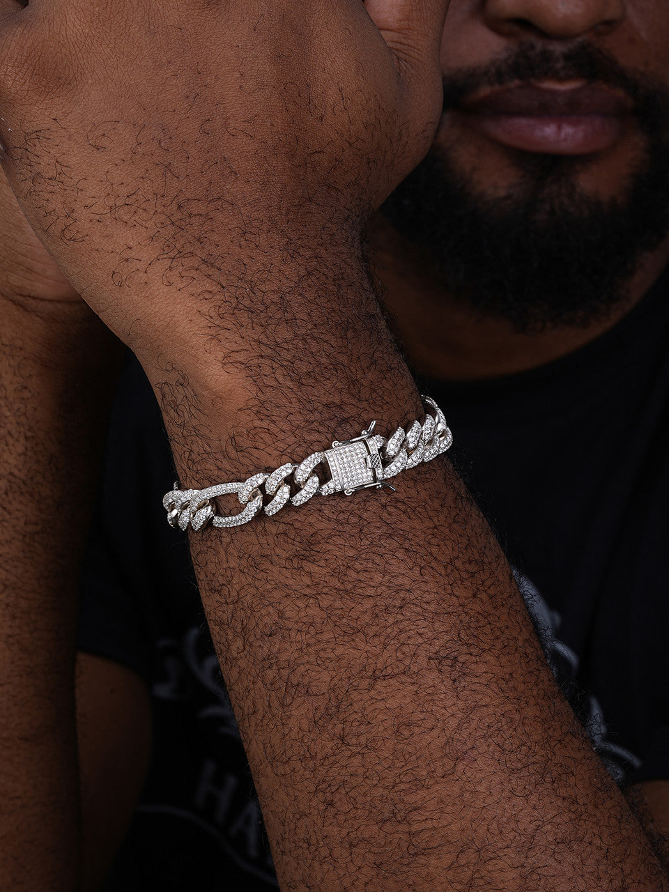 Figaro Link Bracelet Iced Out CZ Stones - 925 Silver - 12mm - 7-8"