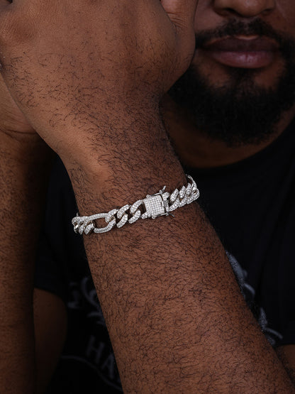 Figaro Link Bracelet Iced Out CZ Stones - 925 Silver - 12mm - 7-8"