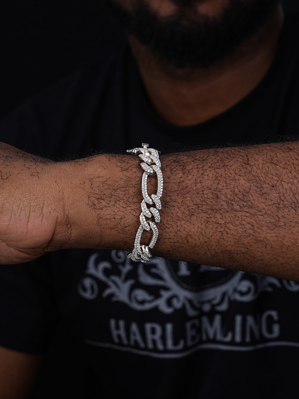 Figaro Link Bracelet Iced Out CZ Stones - 925 Silver - 12mm - 7-8"