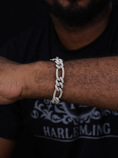Figaro Link Bracelet Iced Out CZ Stones - 925 Silver - 12mm - 7-8"