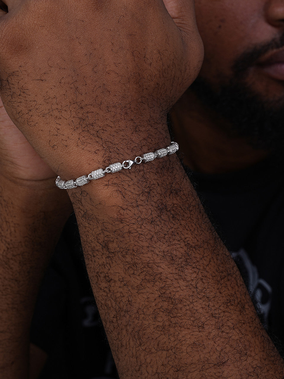 Custom 3D Barrel Link Bracelet Iced Out CZ Stones - 925 Silver - 4mm - 7-8"