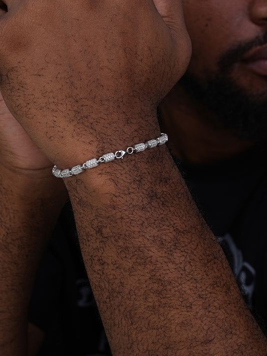 Custom 3D Barrel Link Bracelet Iced Out CZ Stones - 925 Silver - 4mm - 7-8"