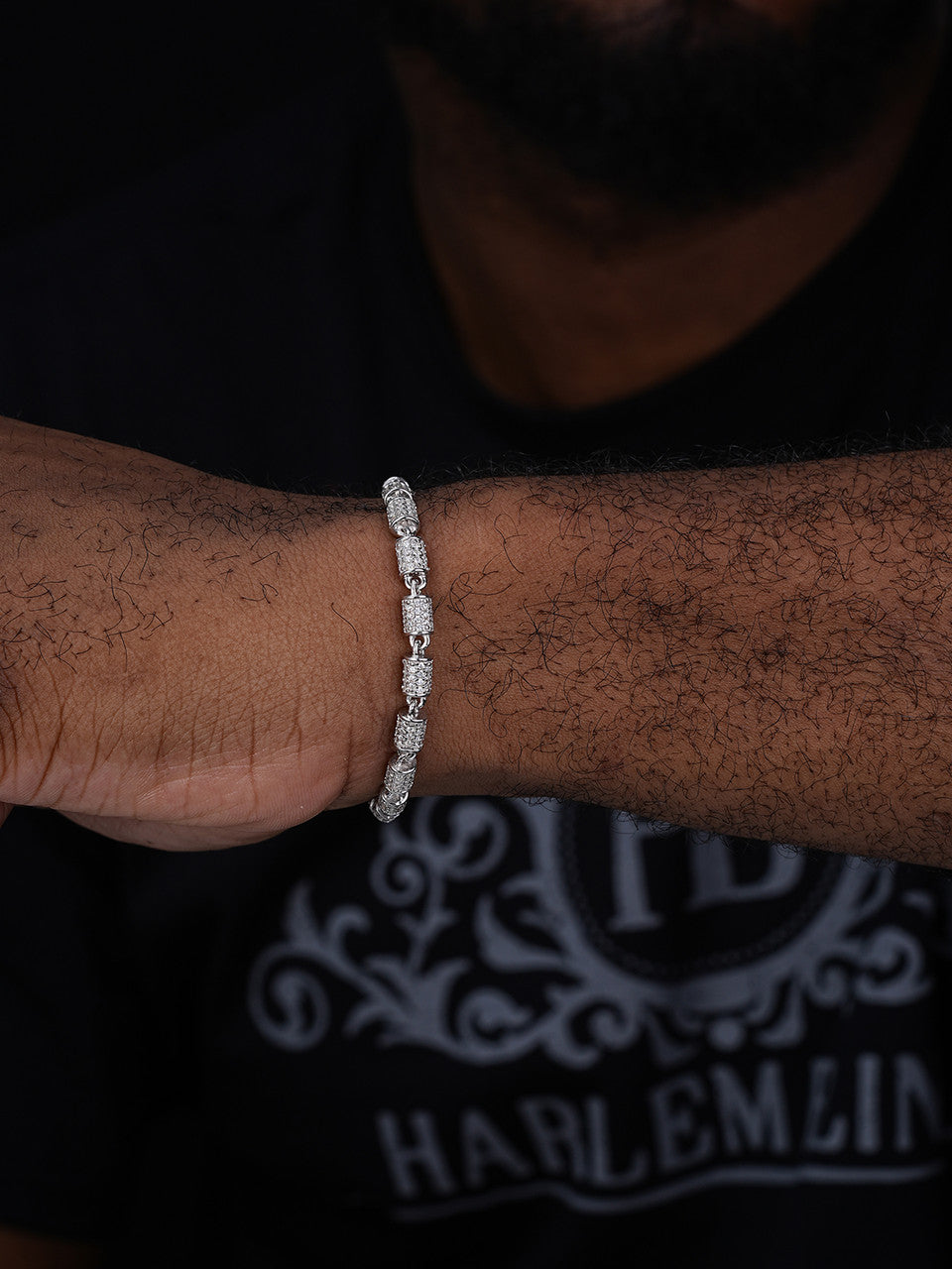 Custom 3D Barrel Link Bracelet Iced Out CZ Stones - 925 Silver - 4mm - 7-8"