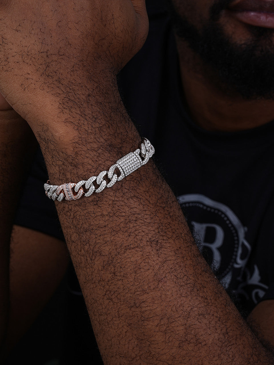 Solid 925 Silver & Rose Gold Men Cuban Iced Gucci Link Bracelet