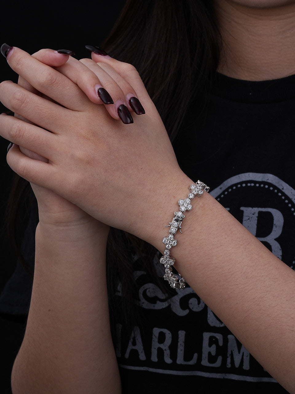 Real Solid 925 Silver 10mm Iced CZ Clover Flower Tennis Bracelet