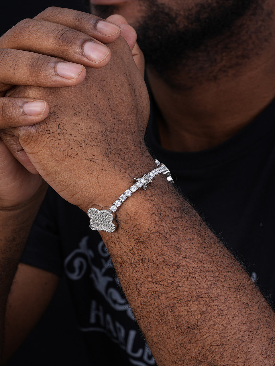 Real Solid 925 Silver Iced CZ Clover Shape Tennis Bracelet Mens