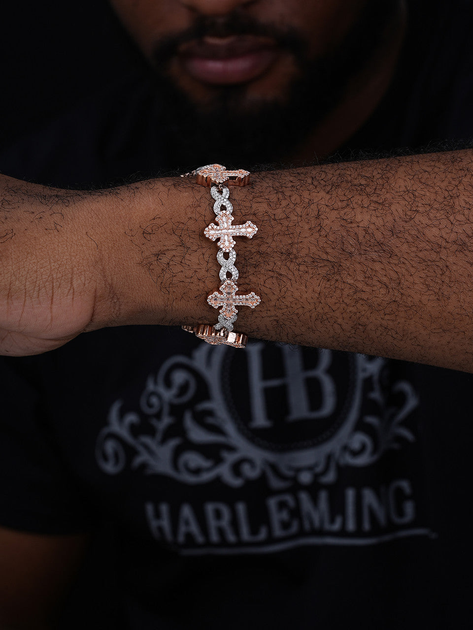MOISSANITE Eternity Gothic Cross Link Bracelet Iced Out - 14k Rose Gold Vermeil & 925 Silver - 20mm - 6.25"-8.25"
