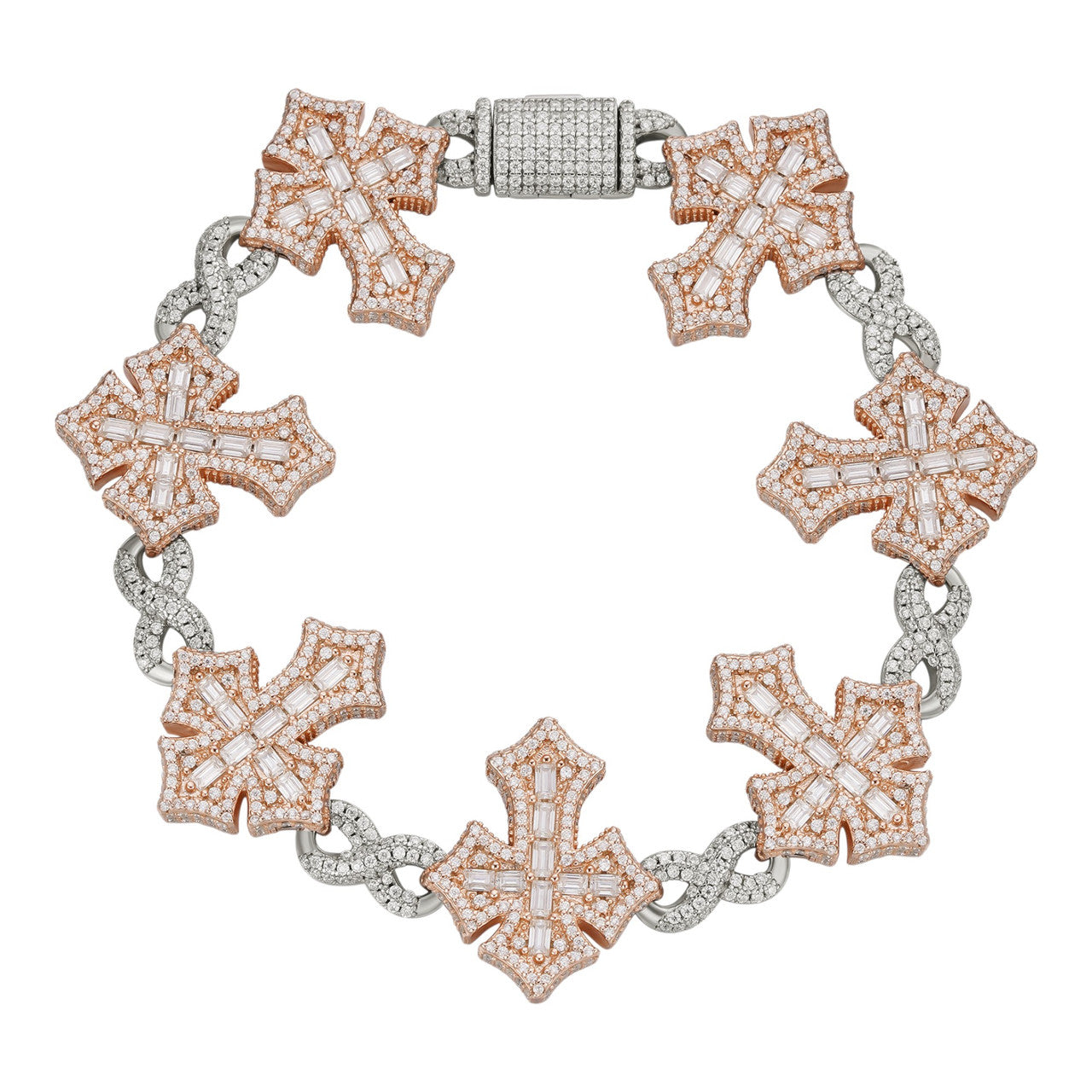 MOISSANITE Eternity 3D Cross Link Bracelet Iced Out - 14k Rose Gold Vermeil & 925 Silver - 24mm - 7.25"-9.25"