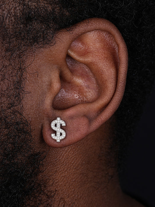 Dollar Sign Iced Out Earrings - 925 Silver - CZ Stones - 7.5x13.5mm