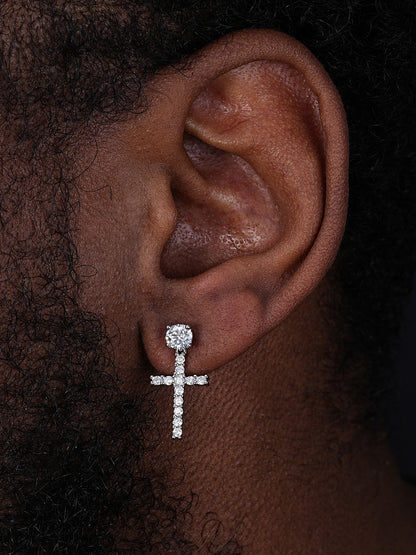 Dangling Cross Iced Out Earrings W. Solitaire Stud - 925 Silver - CZ Stones