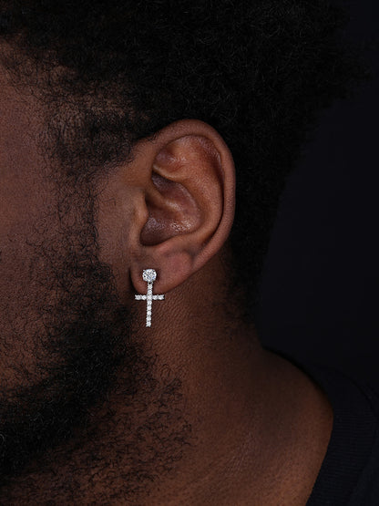 Dangling Cross Iced Out Earrings W. Solitaire Stud - 925 Silver - CZ Stones