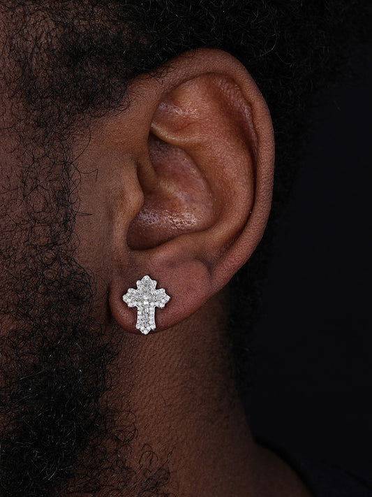 Baguette Gothic Cross Iced Out Earrings - 925 Silver - CZ Stones - 11x15mm