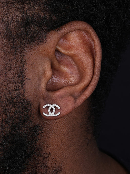 Double C Fashionista Iced Out Earrings - 14k Yellow Or Rose Gold Vermeil Or 925 Silver - 8.5x12mm