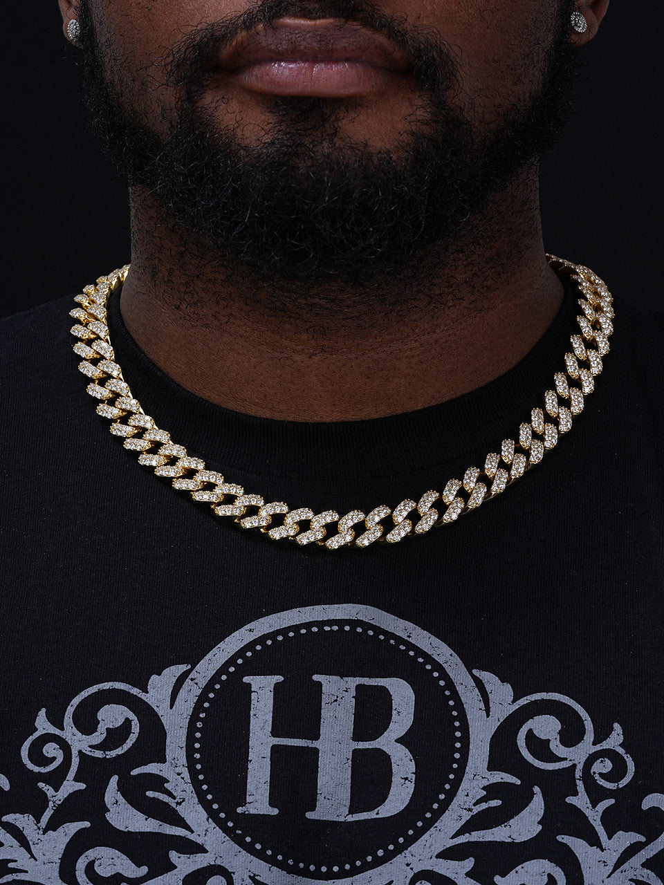 Mens Cuban Miami Link 15mm Chain 14k Yellow Gold Over Solid 925 Silver Diamonds