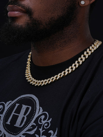 Mens Cuban Miami Link 15mm Chain 14k Yellow Gold Over Solid 925 Silver Diamonds