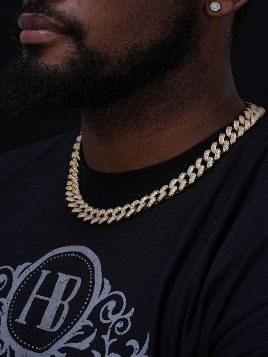 Mens Cuban Miami Link 15mm Chain 14k Yellow Gold Over Solid 925 Silver Diamonds