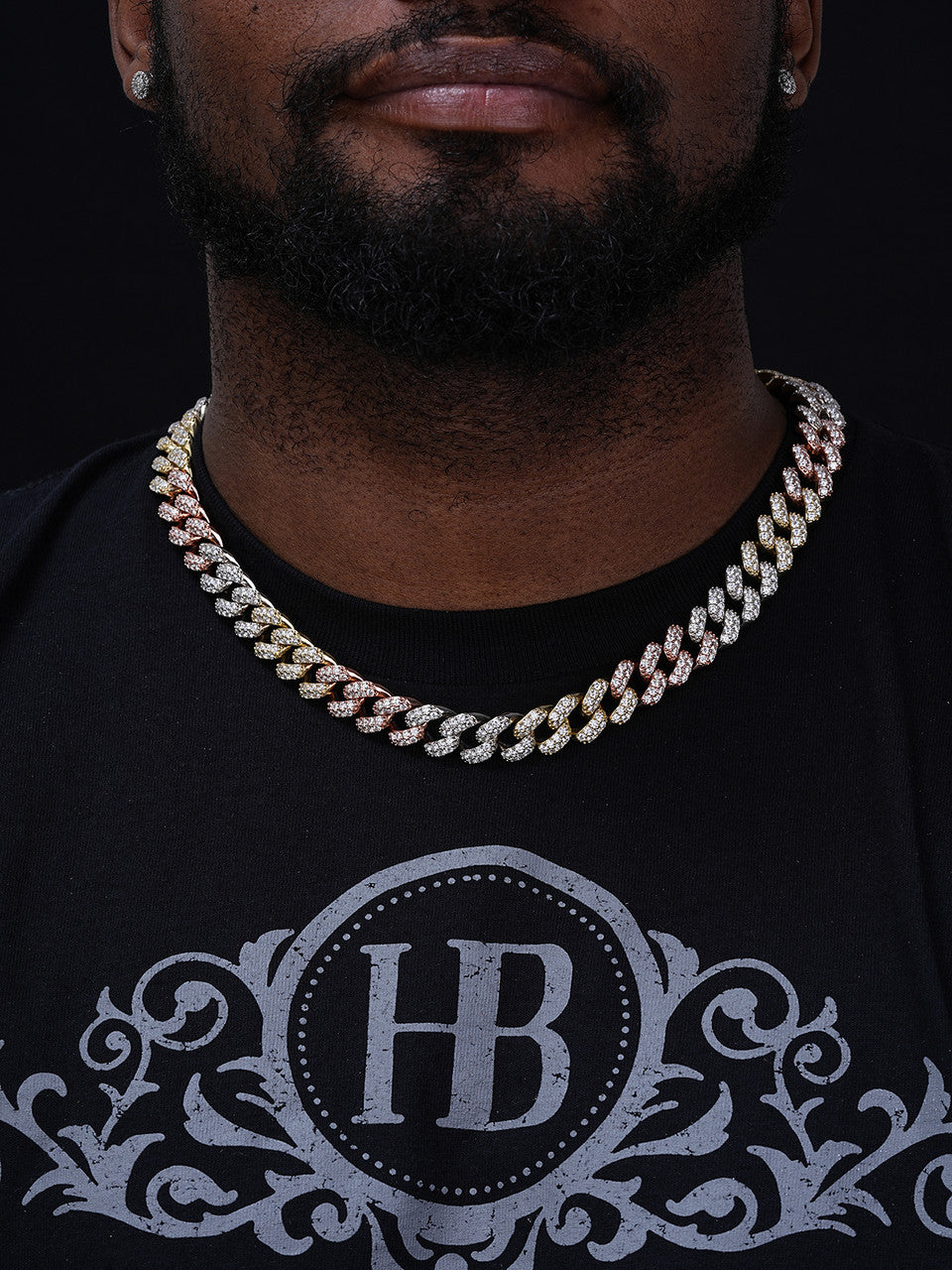 Classic Miami Cuban Link Chain Necklace Iced Out CZ Stones - Tricolor 14k Yellow & Rose Gold Vermeil & 925 Silver - 15mm - 18-36"