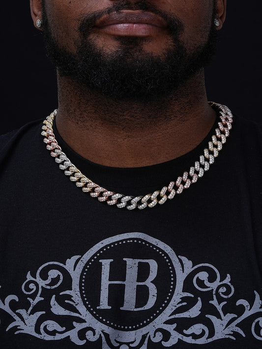 Classic Miami Cuban Link Chain Necklace Iced Out CZ Stones - Tricolor 14k Yellow & Rose Gold Vermeil & 925 Silver - 15mm - 18-36"