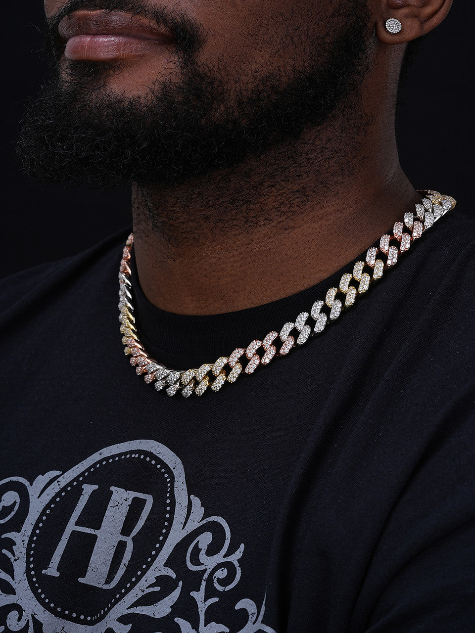 Classic Miami Cuban Link Chain Necklace Iced Out CZ Stones - Tricolor 14k Yellow & Rose Gold Vermeil & 925 Silver - 15mm - 18-36"