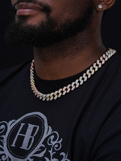 Classic Miami Cuban Link Chain Necklace Iced Out CZ Stones - Tricolor 14k Yellow & Rose Gold Vermeil & 925 Silver - 15mm - 18-36"